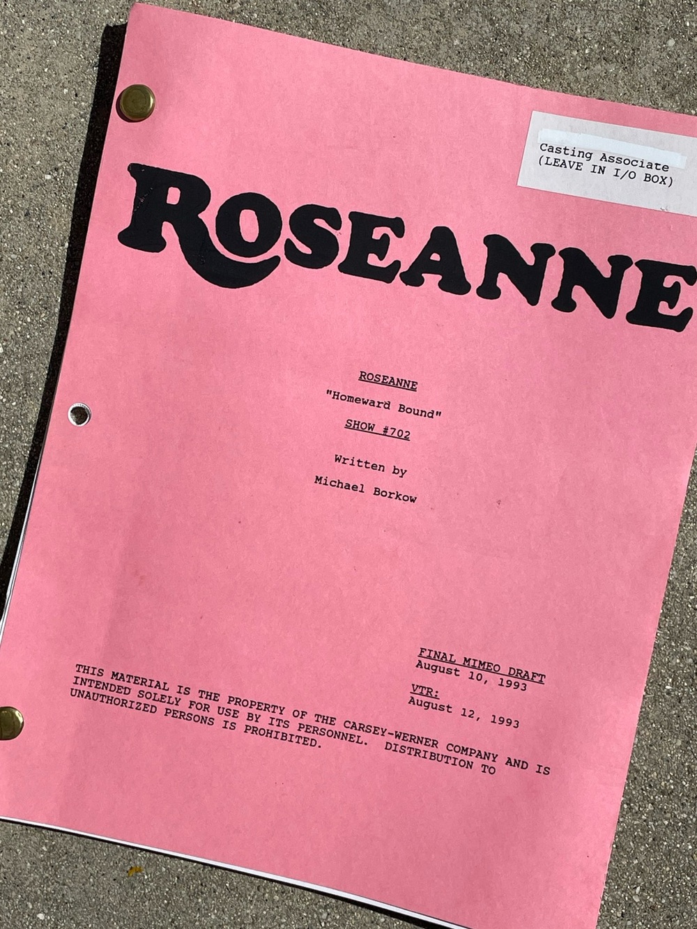 Roseanne Vtg 1993 Production Used Final Draft Script Homeward Bound Goodman